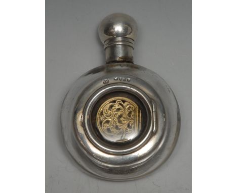 A Victorian silver and clear glass moon flask novelty combination scent bottle, vinaigrette and snuff box, hinged domed cover