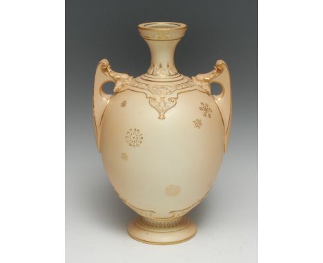 A Royal Worcester ovoid two handled vase, in relief with raised gilt flowerheads, the shoulders with strapwork, 27.5cm high, 