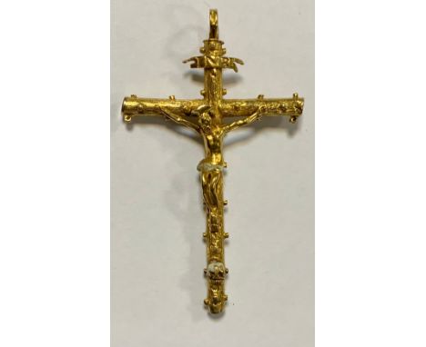 A South European Baroque gold Corpus Christi, Christ's loin cloth and the memento mori skull picked-out in white enamel, loop