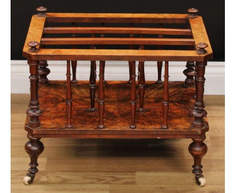 A Victorian walnut, simulated walnut and mahogany chamfered rectangular three-section Canterbury, turned finials, turned spin