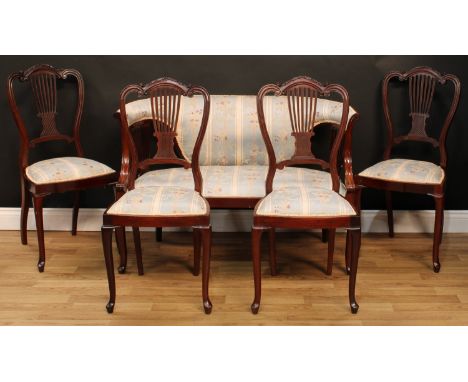 A French Hepplewhite Revival mahogany five-piece drawing room suite, comprising sofa and four side chairs, each with an arche