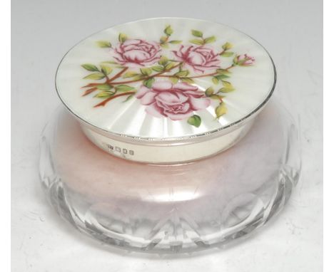 A silver and guilloche enamel mounted clear glass powder bowl, decorated with roses, 11cm diam, London 1959 