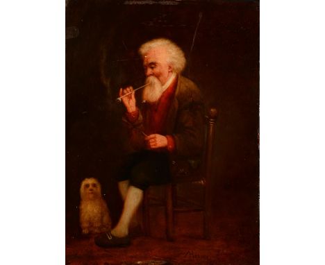 English School (19th century)Gentleman with a Clay Pipe, His Dog at His Sideindistinctly signed A Hez**, oil on oak panel, 35