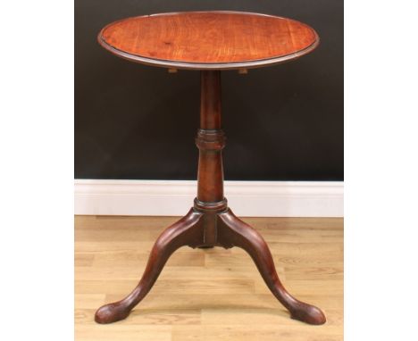 A George III mahogany tripod supper table, dished circular top, turned pillar, cabriole legs, pad feet, 74cm high, 59cm diame