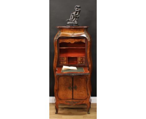 A 19th century Louis XV Revival gilt metal mounted rosewood, kingwood and marquetry bombe shaped secrétaire à abattant, rouge