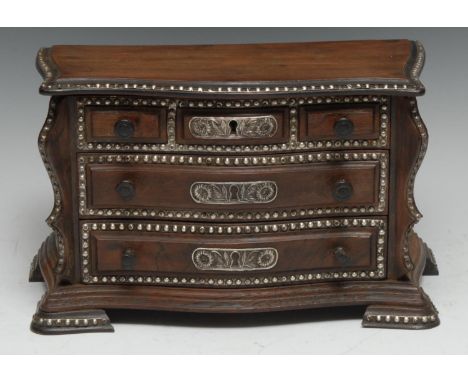 A Dutch Colonial silver coloured metal mounted hardwood novelty jewellery casket, as a miniature chest of drawers, the serpen