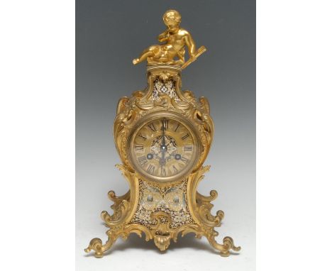 A 19th century French champleve enamel and ormolu cartouche shaped mantel clock, 8cm convex dial applied with Roman numerals,