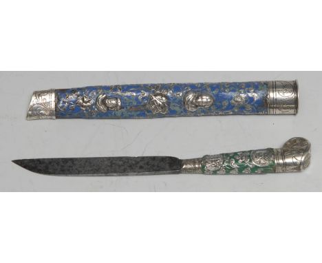 An 18th century silver and enamel travelling knife, 8cm steel blade, the haft inset with coins and Instruments of The Passion