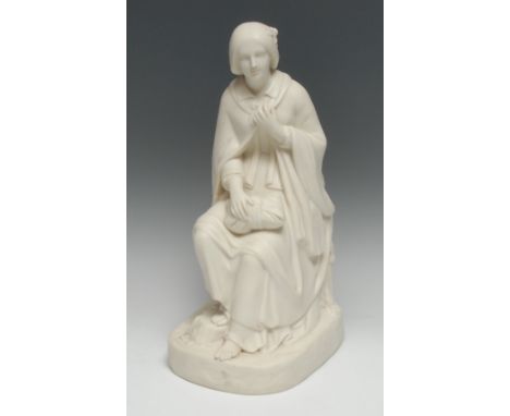 An Art Union of Great Britain Parian figure, of a young lady seated on a mound with a bundle in her lap, a tartan cloak cover
