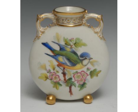 A Royal Worcester Aesthetic Movement ornithological moon flask, painted by John Hopewell with a blue tit, the recto with a fi