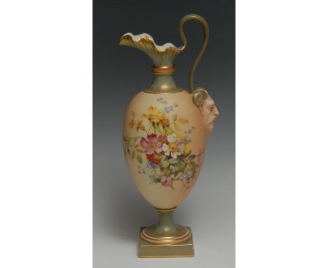 A Royal Worcester Kedleston ewer, painted with summer flowers in polychrome enamels on a blush ivory ground, wavy rim, scroll