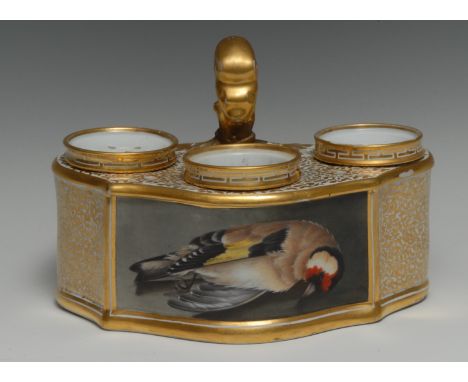 A Barr, Flight &amp; Barr or Flight, Barr &amp; Barr Worcester trefoil-shaped inkstand, the front painted with a still life o