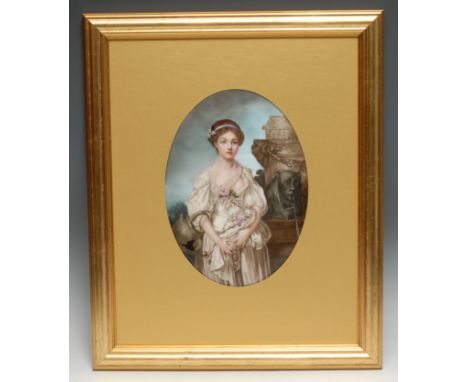 A German oval porcelain plaque, painted Broken Pitcher, signed, with a beauty, draped in a white dress, holding roses in her 