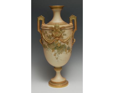 A large Royal Worcester pedestal ovoid two handled vase, decorated in gilt with chrysanthemums and daisies, on a blush ivory 