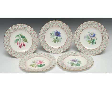 A set of five Minton botanical shaped circular dessert plates, painted with a pink rose, a purple poppy, a chrysanthemum, fuc