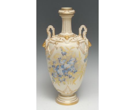A Royal Worcester ovoid vase and cover, painted with blue flowers and foliage, on a blush ivory ground, the shoulders in reli