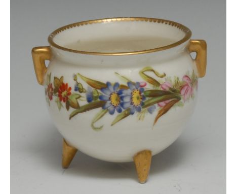 A Royal Worcester tripod cauldron, painted in the manner of George Hundley with bowing swags of colourful country flowers, gi