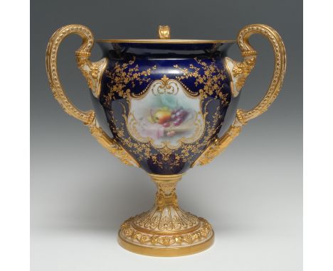 A large Royal Worcester three-handled vase, painted by Chives, signed, with ripe fruit within a gilt shield shaped cartouche,