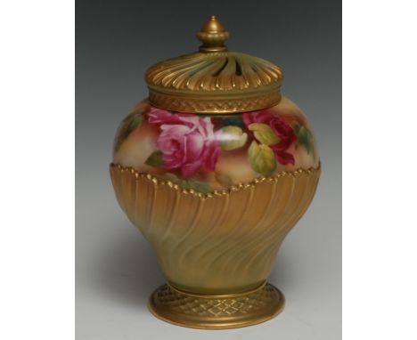 A Royal Worcester inverted baluster potpourri vase and cover, the shoulder painted with pink and scarlet roses on a mottled g