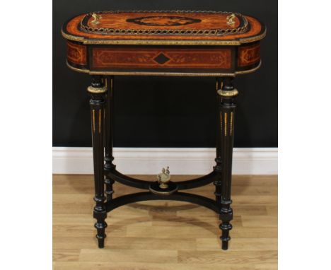 A Louis XVI Revival gilt metal mounted walnut, ebonised and marquetry guéridon bloom table, shaped top with removable cover e