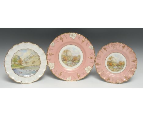 A Royal Crown Derby shaped circular plate, painted by W.E.J.  Dean, signed, with High Torr, Matlock, on a pink ground, vine b