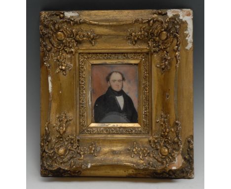 English School (19th century), a portrait miniature, of a gentleman, half length, wearing a black jacket, waistcoat and stock