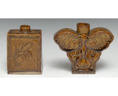 A Chinese monochrome tea caddy, as a butterfly, moulded and glazed in tones of mottled brown, 13.5cm high, impressed seal mar