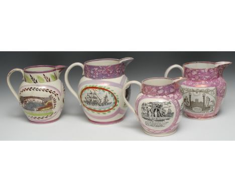 A Sunderland King William IV Ship and Cast Iron Bridge  ovoid jug, printed in underglaze black and naively overpainted in col