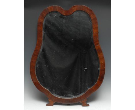 A late 19th/early 20th century mahogany cartouche shaped easel dressing table glass, quite plain, bevelled mirror plate, 69cm