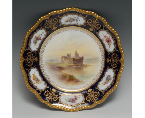 A Royal Worcester Named-View shaped circular cabinet plate, Blackness Castle, painted by John Stinton, signed, the outswept b