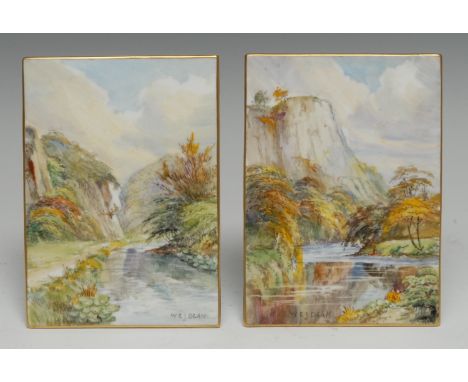 A pair of Royal Crown Derby rectangular plaques, painted by WEJ Dean, signed, High Tor Matlock and Lion Rock Dovedale, 12cm x