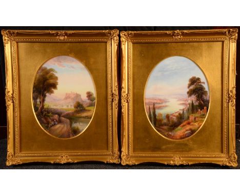 A pair of Royal Worcester oval plaques, painted by F R Rushton, The Acropolis, Athens and Constantinople, 31.5cm x 23.5cm, cr