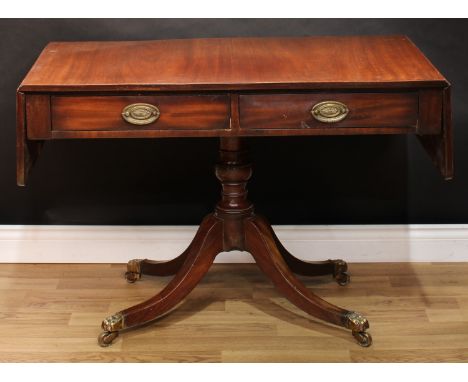 A Regency mahogany sofa table, rounded rectangular crossbanded top with fall leaves, outlined with boxwood and ebony stringin