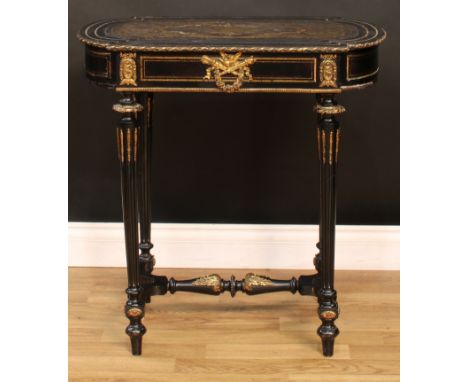 A Victorian gilt metal mounted ebonsied and brass marquetry centre table, in the Louis XVI taste, oversailing top inlaid with