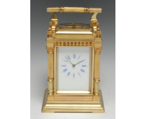A substantial late 19th century gilt brass repeater carriage clock, 7cm rectangular enamel dial inscribed with Roman and subs
