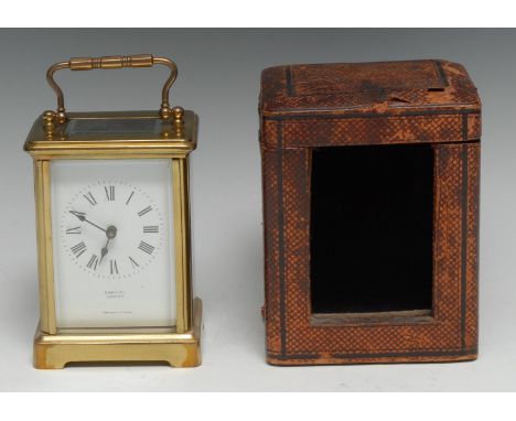An early 20th century lacquered brass carriage timepiece, 5.5cm rectangular enamel dial inscribed Gabriel, London, the key-wo