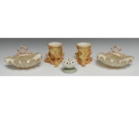A pair of Graningers Worcester flower vases, as baskets in tree branches, in blush ivory, 11cm high, printed marks, G870; a s