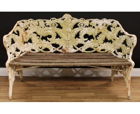 A 19th century cast iron Fern and Blackberry pattern garden bench, probably Coalbrookdale, 90.5cm high, 150cm wide, the seat 