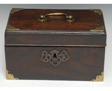 An 18th century Anglo-Chinese padouk wood tea caddy, hinged cover with brass swan neck handle, enclosing three compartments, 