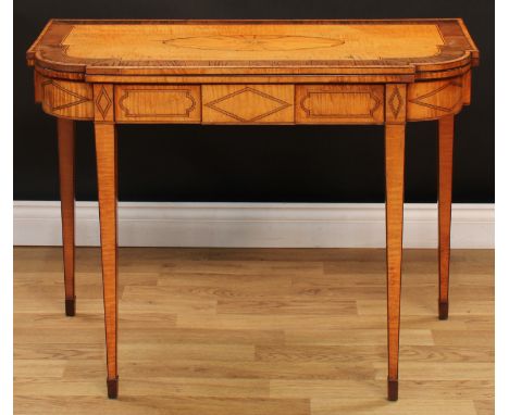 A George III satinwood and rosewood card table, folding top inlaid with a navette shaped patera, enclosing an inset baize lin