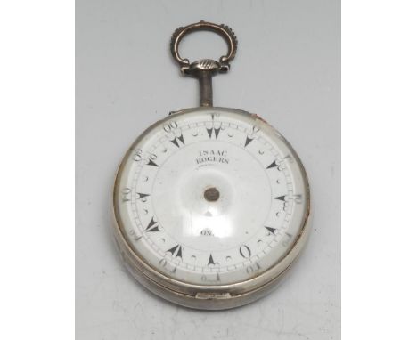 A George III silver pocket watch, for the Turkish market, 4.5cm enamel dial inscribed Isaac Rogers, verge fusee movement with