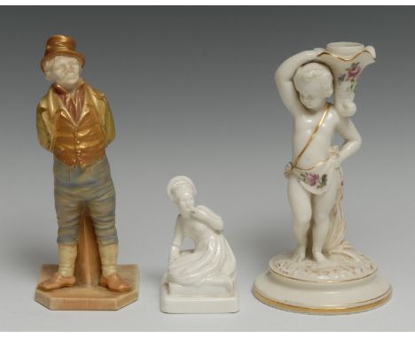 A Royal Worcester figural candlestick. as a scantilly clad cherub holding a cornucopia, 17cm high, printed mark in puce, date
