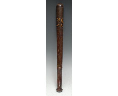 Police History - a 19th century turned and painted hardwood truncheon, inscribed in gilt CS, ribbed grip, 46cm long 