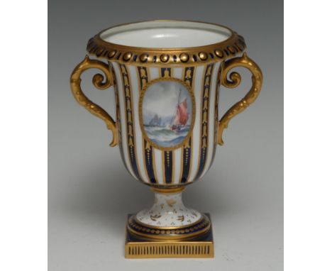 A Royal Crown Derby two handled urnular vase, painted by W. E. J. Dean, signed with sailing boat off the coast, within beaded