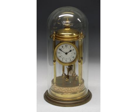 A 20th century gilt metal Portico clock, the white dial with Arabic numerals, perpetual pendants, drum case supported on reed