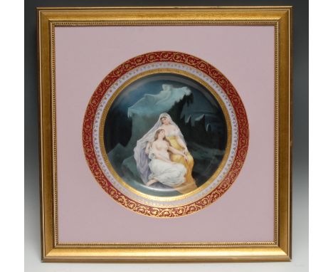 A Vienna circular charger, of a scantilly draped beauty in the arms of an other, her soul above, banded border in gilt, lilac