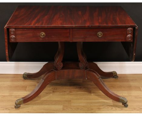 A William IV mahogany sofa table, rectangular top with fall leaves above a pair of frieze drawers, blind to verso, quadform s