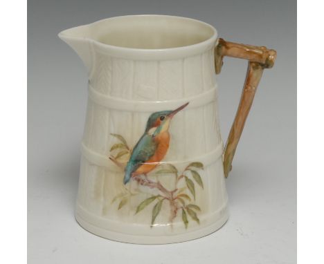 A Royal Worcester ornithological barrel jug, Kingfisher, painted by William Powell, signed, moulded in relief, the faux coope
