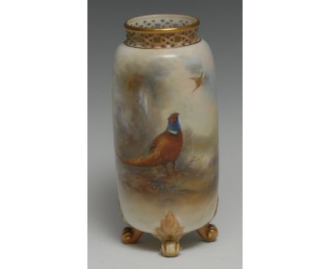 A Royal Worcester ovoid vase, painted by James Stinton, signed, with pheasant, pierced rim, scroll feet, 14.5cm high, printed