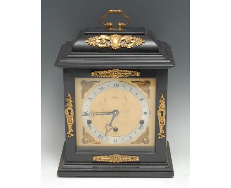 A George I design gilt-metal mounted ebonised bracket clock, by Elliott, retailed by Cope/Nottingam, 13cm silvered chapter ri